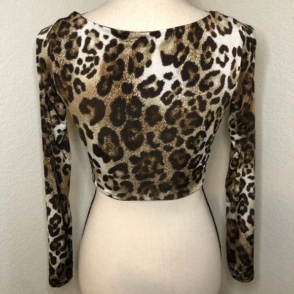 PrettyLittleThing Tan Leopard Slinky O Ring Long Sleeve Crop Top Size US-6 - Picture 10 of 14